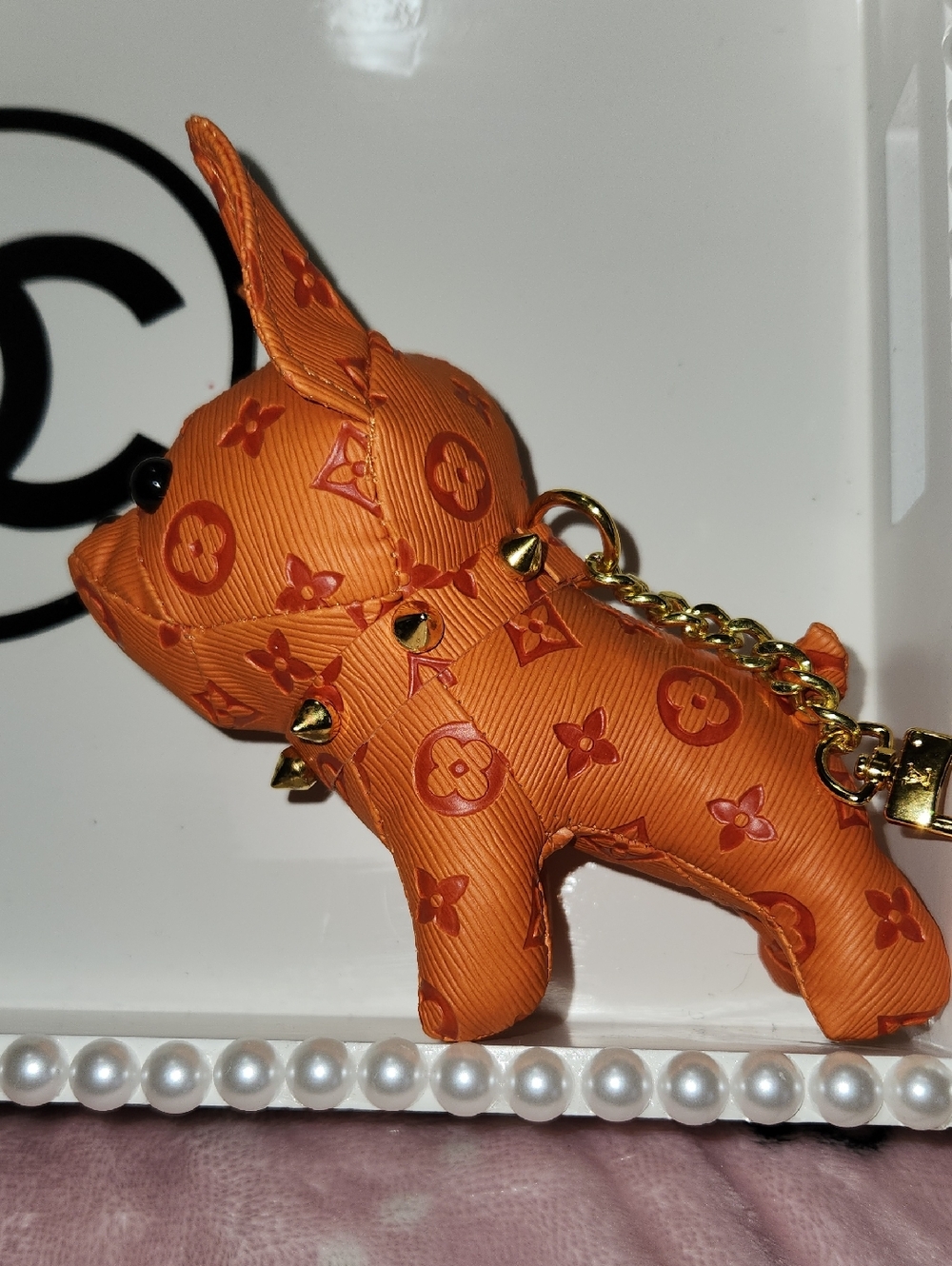 Designer-Inspired Orange Dog Key Charm with Gold Hardware